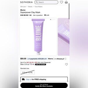 BRAND NEW Sephora Blume Superpower hydrating brighten pore Clay Mask Full size
